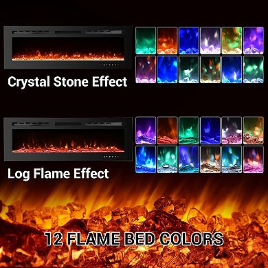 60 Inch Slim Wall Fireplace, Remote, Adjustable Flame, Timer, Log, Crystal