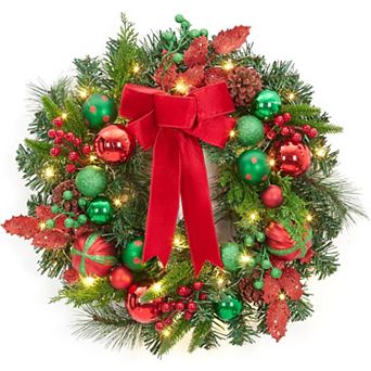 Elegant Pre-Lit Christmas Wreath with Red/Green Balls 30 Battery LED Lights for All-Season Use