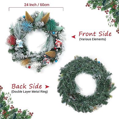 Christmas Wreath with Mini House & Pinecones All-Season Indoor and Outdoor Wall Ornament