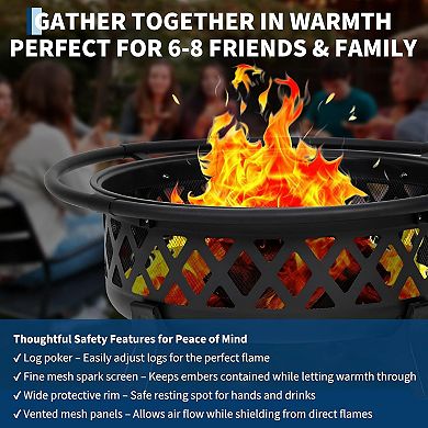 Fancihabor 36in Wood Burning Fire Pit with Lid Poker Cold-Rolled Steel with Spark Screen Black