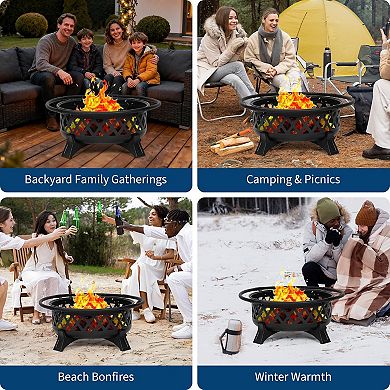 Fancihabor 36in Wood Burning Fire Pit with Lid Poker Cold-Rolled Steel with Spark Screen Black