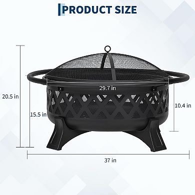 Fancihabor 36in Wood Burning Fire Pit with Lid Poker Cold-Rolled Steel with Spark Screen Black