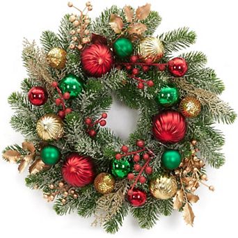 16Inch Green Pre-Lit Christmas Wreath with 30 LED Lights Red Green Gold Balls Door Decor