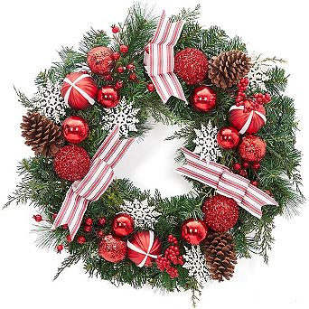 Battery-Operated Pre-Lit Christmas Wreath with Striped Bow for Front Door and Outdoor Decor