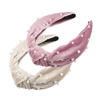 2 pc Faux Pearl Velvet Knotted Headband Classic Casual Style for Women 1.38"