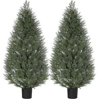 Artificial Topiary Set of 2 Trees with UV Resistant Faux Cedar and Grass for Indoor and Outdoor.