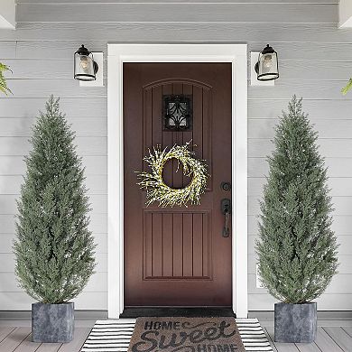 Artificial Topiary Set of 2 Trees with UV Resistant Faux Cedar and Grass for Indoor and Outdoor.