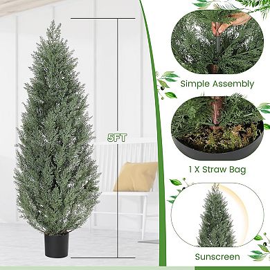 Artificial Topiary Set of 2 Trees with UV Resistant Faux Cedar and Grass for Indoor and Outdoor.