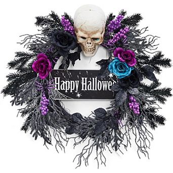 Lighted Halloween Wreath with Owl & Skeleton Black Roses Ghost Decor for Front Door Display