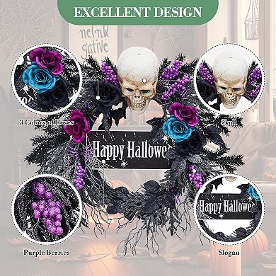 Lighted Halloween Wreath with Owl & Skeleton Black Roses Ghost Decor for Front Door Display