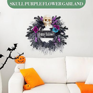 Lighted Halloween Wreath with Owl & Skeleton Black Roses Ghost Decor for Front Door Display