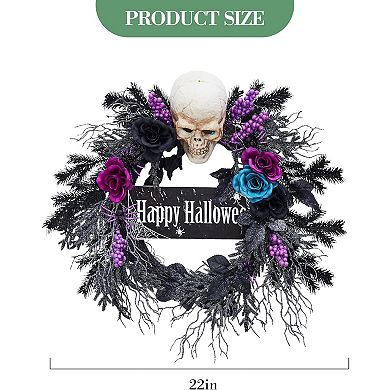 Lighted Halloween Wreath with Owl & Skeleton Black Roses Ghost Decor for Front Door Display