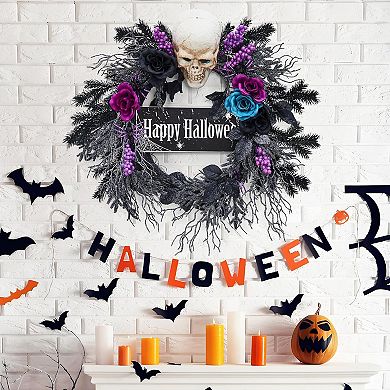 Lighted Halloween Wreath with Owl & Skeleton Black Roses Ghost Decor for Front Door Display
