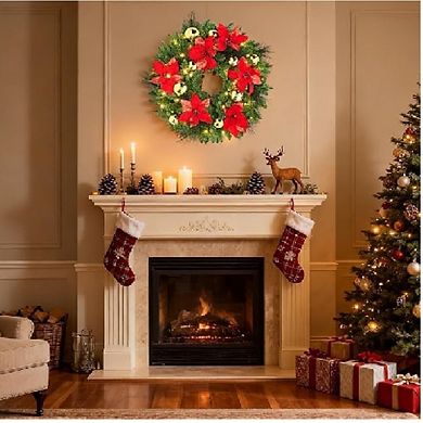 Battery-Operated LED Garland with Pine Cones & Berries for Stairway and Mantle Decor