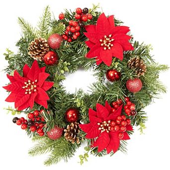 16Inch Red Pre-Lit Christmas Wreath Large Outdoor Indoor Holiday Door Hanging Ornament