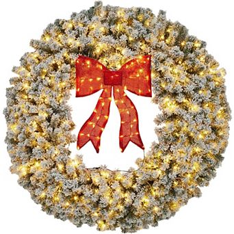 60 in Flocked Prelit Christmas Wreath with Bow Snowy Greenery for Indoor or Outdoor Decor