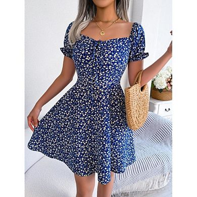 Womens Floral Summer Causal Dress Square Neck Puff Sleeve Boho Ruched Bust High Waist Mini Dresses