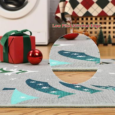 Christmas Rugs with Tree Pattern for Holiday Decor, Non Slip Low Pile Washable Rug for Dining Room
