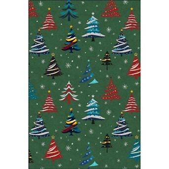 Christmas Rugs with Tree Pattern for Holiday Decor, Non Slip Low Pile Washable Rug for Dining Room
