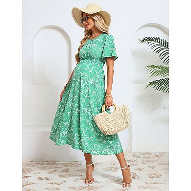 Bohemian Maternity Dress with Ruffles & Floral Print Short Sleeve Smocked Midi Dress