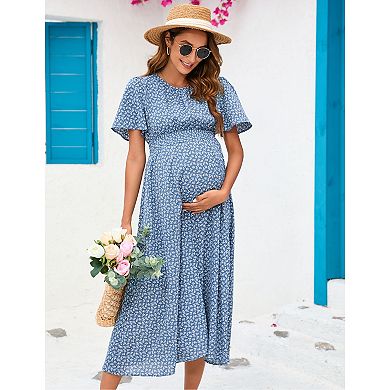 Bohemian Maternity Dress with Ruffles & Floral Print Short Sleeve Smocked Midi Dress