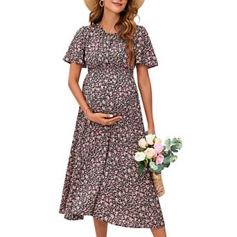 Bohemian Maternity Dress with Ruffles & Floral Print Short Sleeve Smocked Midi Dress