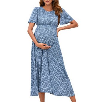 Bohemian Maternity Dress with Ruffles & Floral Print Short Sleeve Smocked Midi Dress