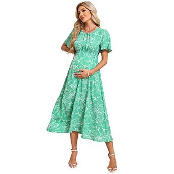 Bohemian Maternity Dress with Ruffles & Floral Print Short Sleeve Smocked Midi Dress