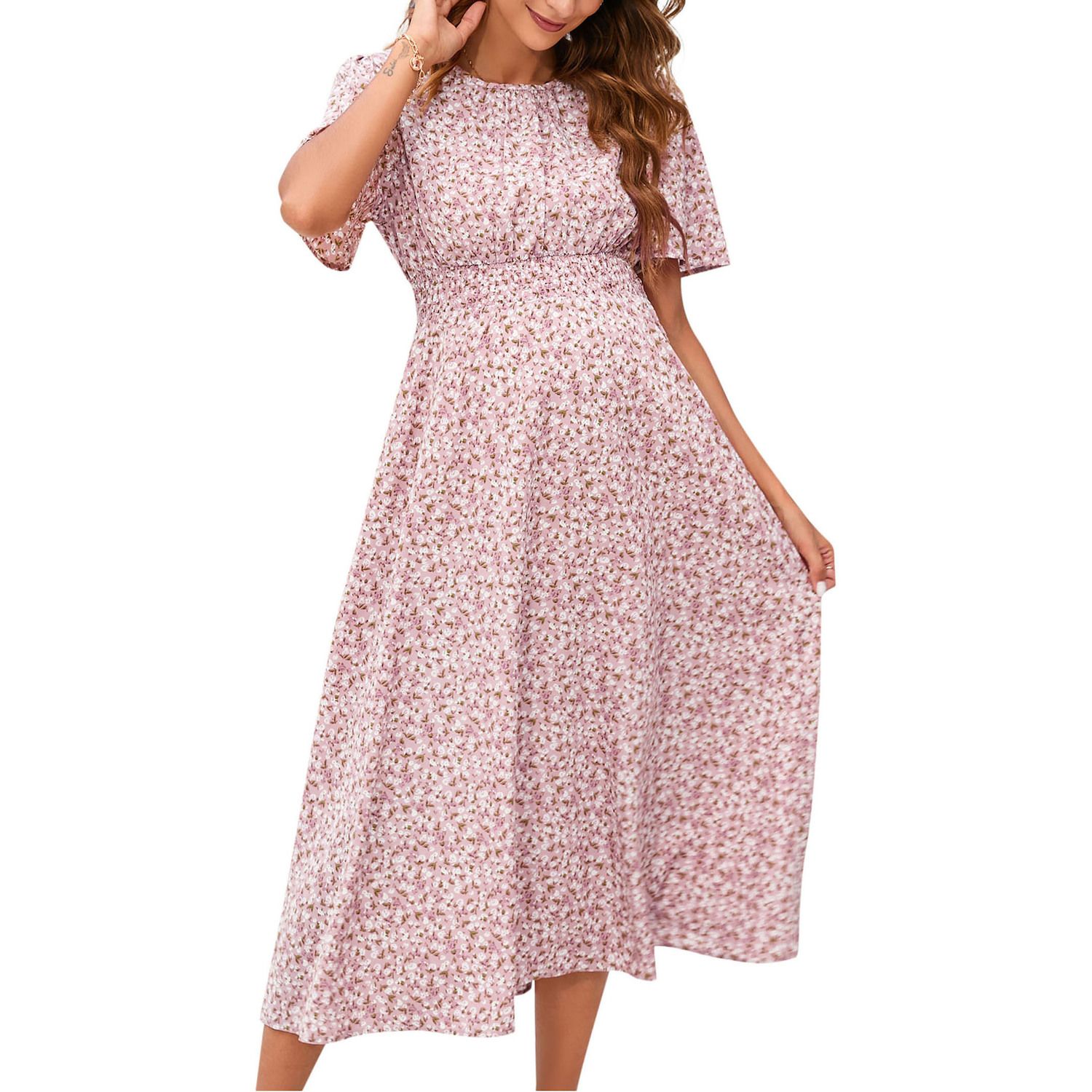 Женские платья Bohemian Maternity Dress with Ruffles & Floral Print Short Sleeve Smocked Midi Dress