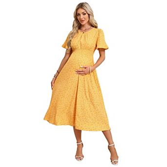 Bohemian Maternity Dress with Ruffles & Floral Print Short Sleeve Smocked Midi Dress