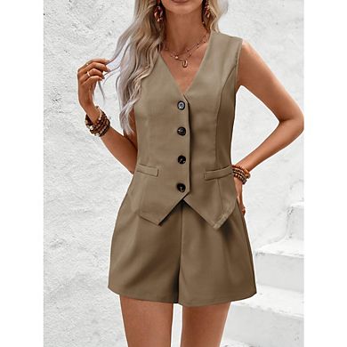 Womens Vest Sets Summer 2 Piece Outfits Button Crop Blazer Vest and Wide Leg Pant Suits