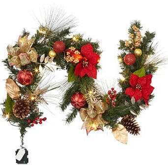 6 FT Christmas Garland with Lights, Holiday Garland with Flower, Berry, pine cones, Red&Gold