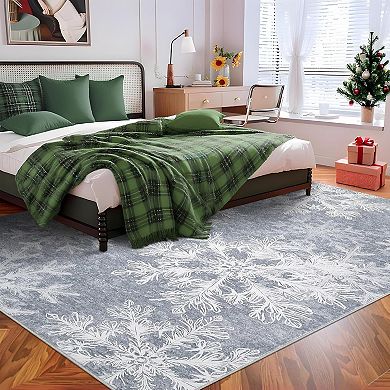 Christmas Washable, Area Rugs Non Slip Living Room Rug, Snowflake Soft Xmas Decor for Nursery Office