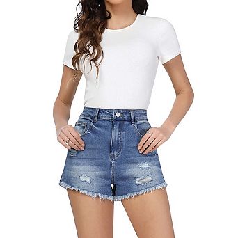 Women Denim Shorts Casual Ripped Frayed Raw Hem Jeans Shorts