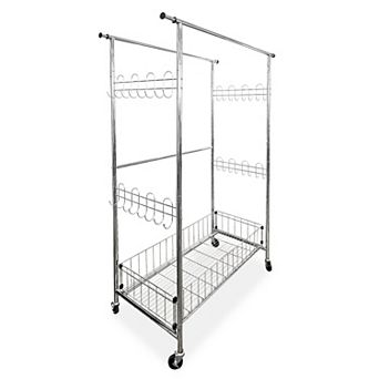 Adjustable Heavy-Duty Double Rail Chrome Clothes Organizer Rack with Wheels and Bottom Shelf