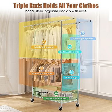 Adjustable Heavy-Duty Double Rail Chrome Clothes Organizer Rack with Wheels and Bottom Shelf