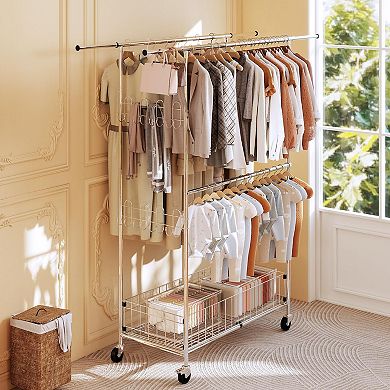Adjustable Heavy-Duty Double Rail Chrome Clothes Organizer Rack with Wheels and Bottom Shelf