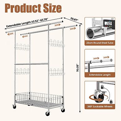 Adjustable Heavy-Duty Double Rail Chrome Clothes Organizer Rack with Wheels and Bottom Shelf