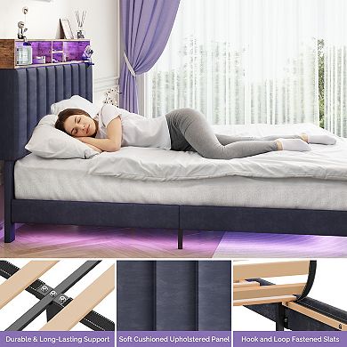 Upholstered Bed Frame with Charging Station and Storage Headboard