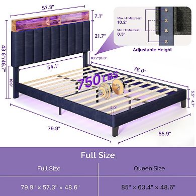 Upholstered Bed Frame with Charging Station and Storage Headboard