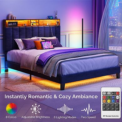 Upholstered Bed Frame with Charging Station and Storage Headboard