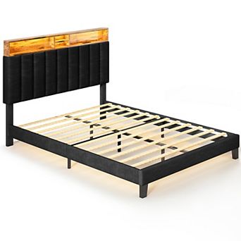 Upholstered Bed Frame with Charging Station and Storage Headboard