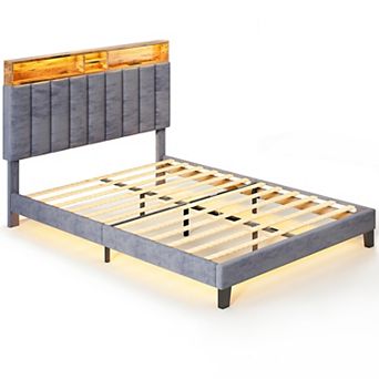 Upholstered Bed Frame with Charging Station and Storage Headboard