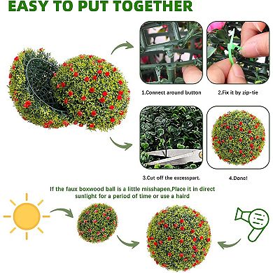 Artificial Plant Topiary Ball Set, Decorative Artificial Boxwood Balls with Flowers, Faux Greenery