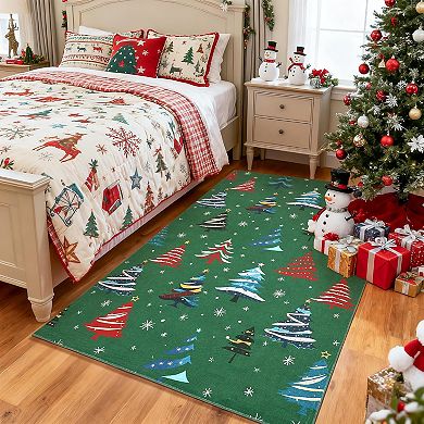 Christmas Rugs with Tree Pattern for Holiday Decor, Non Slip Low Pile Washable Rug for Dining Room
