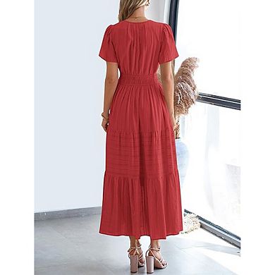 Women's Casual Short Sleeve Flowy Dress Tiered Ruffle Dress