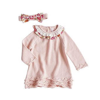 Baby Girls Pink Floral Knit Dress with Headband