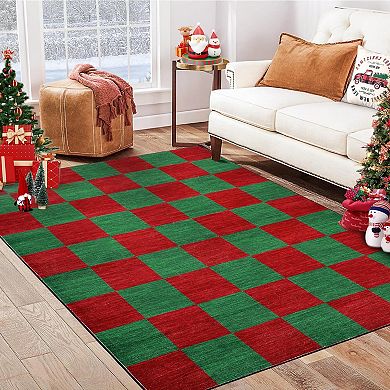 Christmas Area Rug, Christmas Plaid Rugs Office Carpet Washable Doormat Xmas Holiday Decor Non Slip