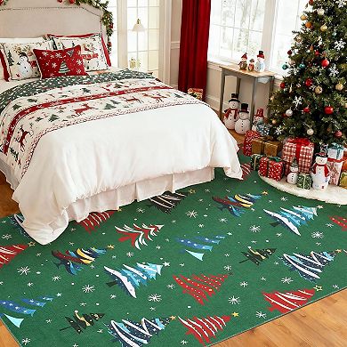 Christmas Rugs with Tree Pattern for Holiday Decor, Non Slip Low Pile Washable Rug for Dining Room