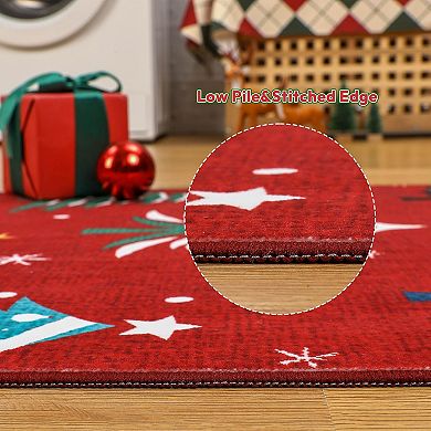 Christmas Rugs with Tree Pattern for Holiday Decor, Non Slip Low Pile Washable Rug for Dining Room